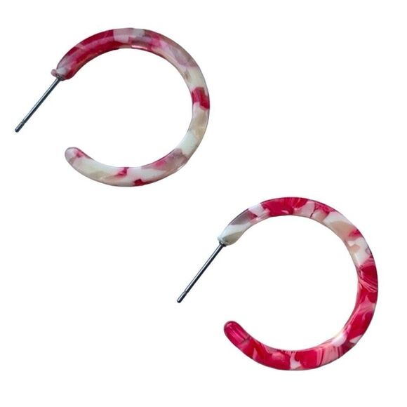 Swirled Pink & White Marbleized Acetate Sustainably Made Hoop Handmade Earrings - Picture 3 of 11